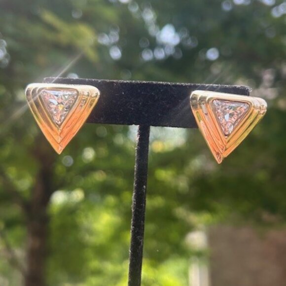 S.A.L SWAROVSKI Clear Crystal Triangle Gold Tone EARRINGS - Picture 1 of 8